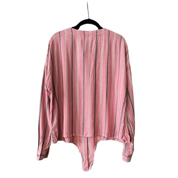 Pink Rose Top Women's Size L Pink Striped Buttons Long Sleeve Tie Front Boho NEW - Picture 3 of 6